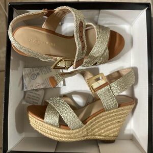 Saks Fifth Avenue Gold and Tan Wedge Sandals